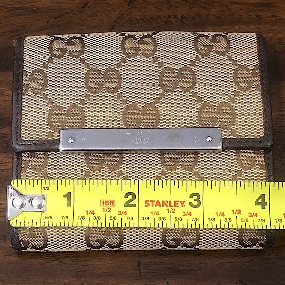 GUCCI GG Web Brown Leather and Tan Canvas Monogram Trifold Wallet Authentic - Picture 15 of 17